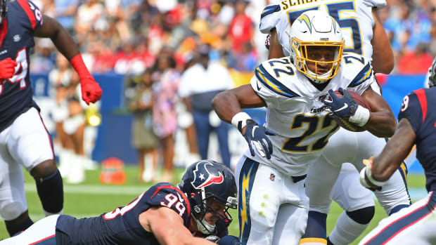 J.J. Watt of the Houston Texans facing the Los Angeles Chargers